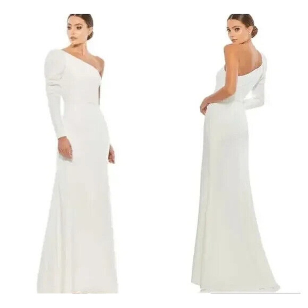 NWT Mac Duggal One-Shoulder Gown Dramatic Puff Sleeve Thigh-High Slit 26592 $398